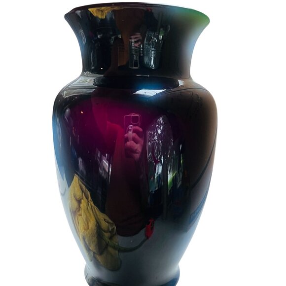 Vintage 9" Black Amethyst Glass Vase Deep Purple Glow Mid-century Urn Style - Picture 1 of 7